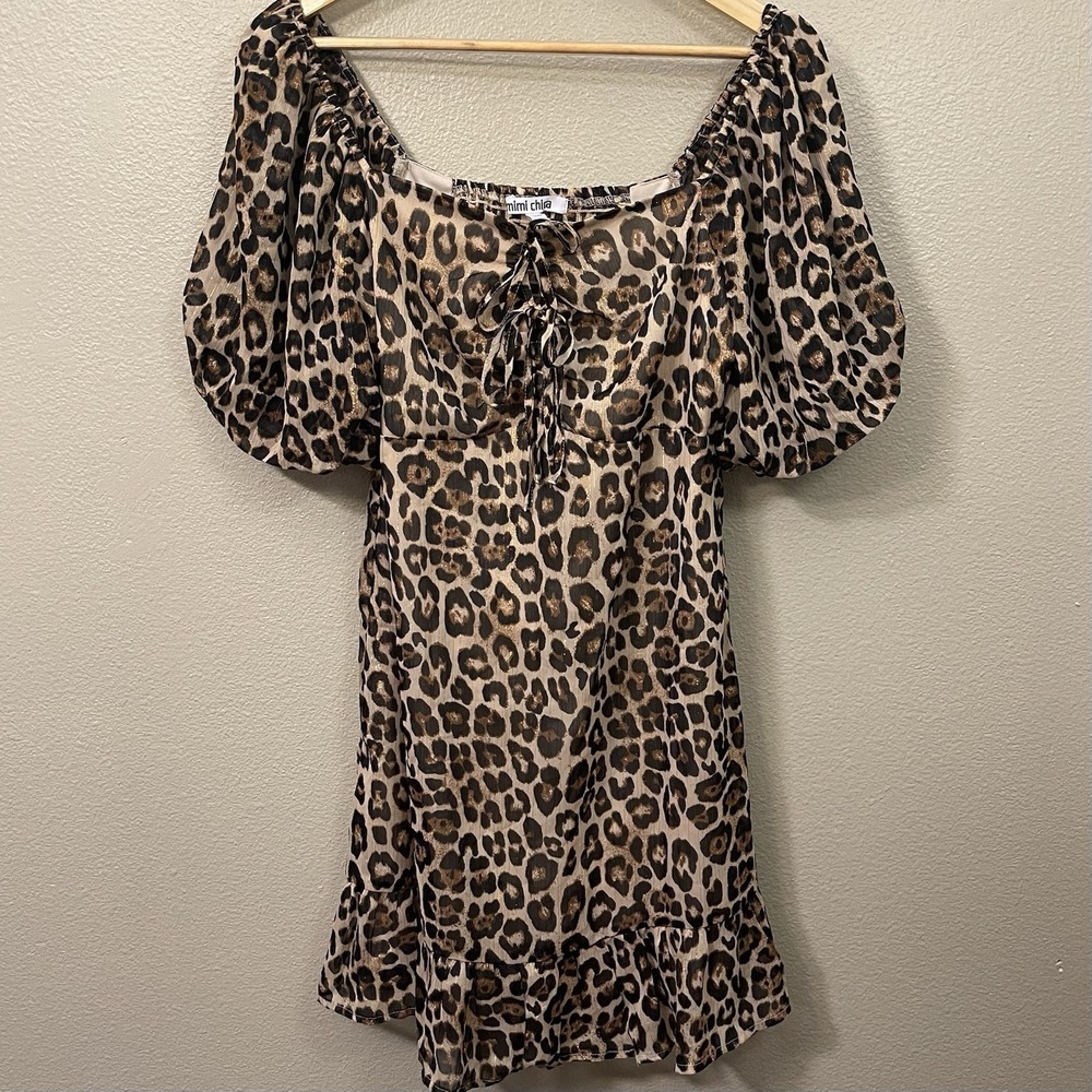 Mimi Chica Milkmaid Dress Animal‎ Print Puff Sleeve Ruffle Trim Size L - READ